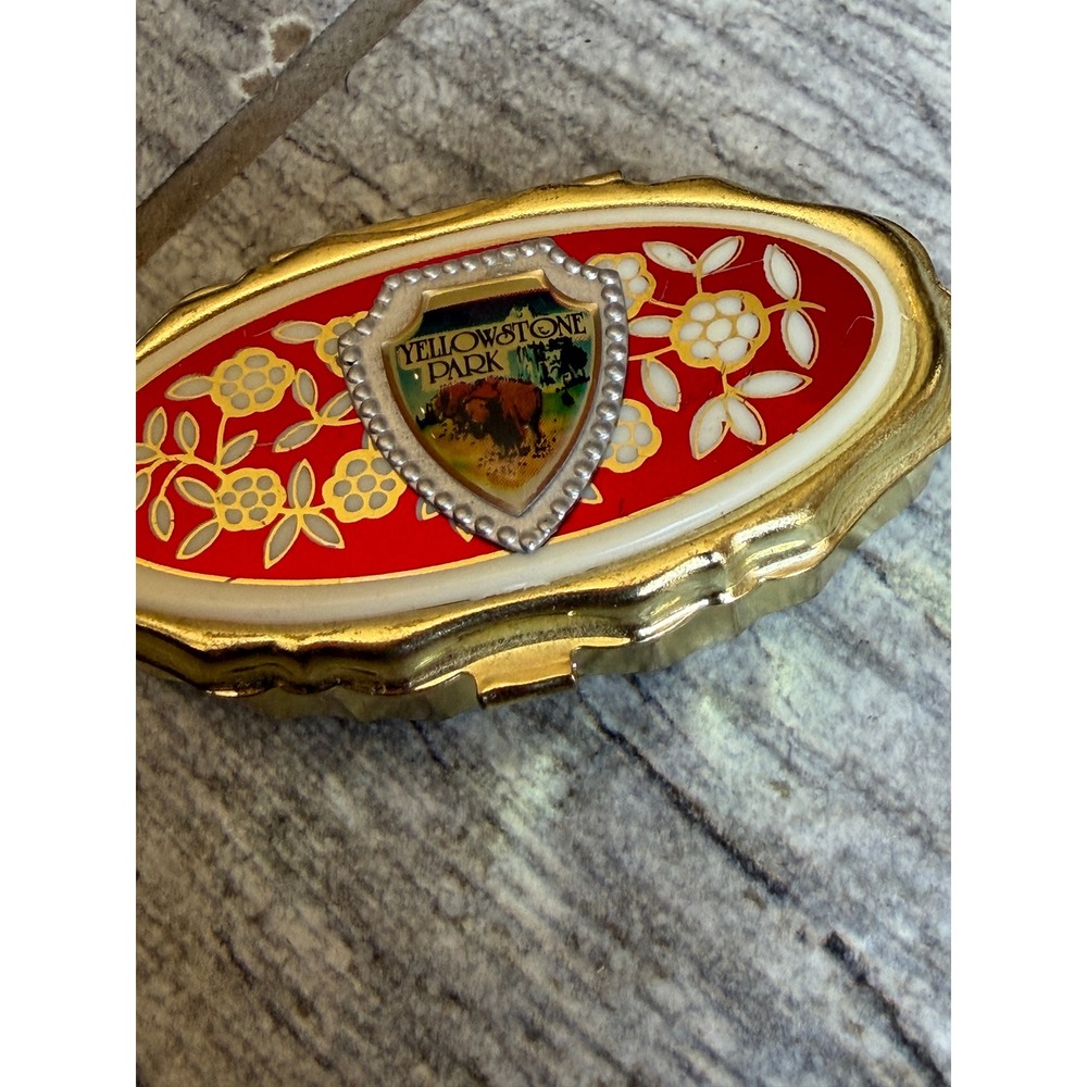 Yellowstone Park Pocket Ashtray Gold Red Floral Bison Souvenir Pill Box Trinket